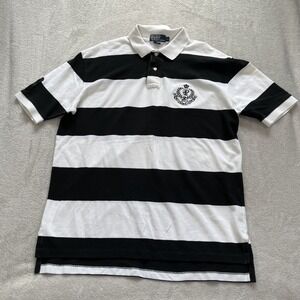 Polo Ralph Lauren Mnes XL Crest Logo Striped Rugby White Black Short Sleeve VTG